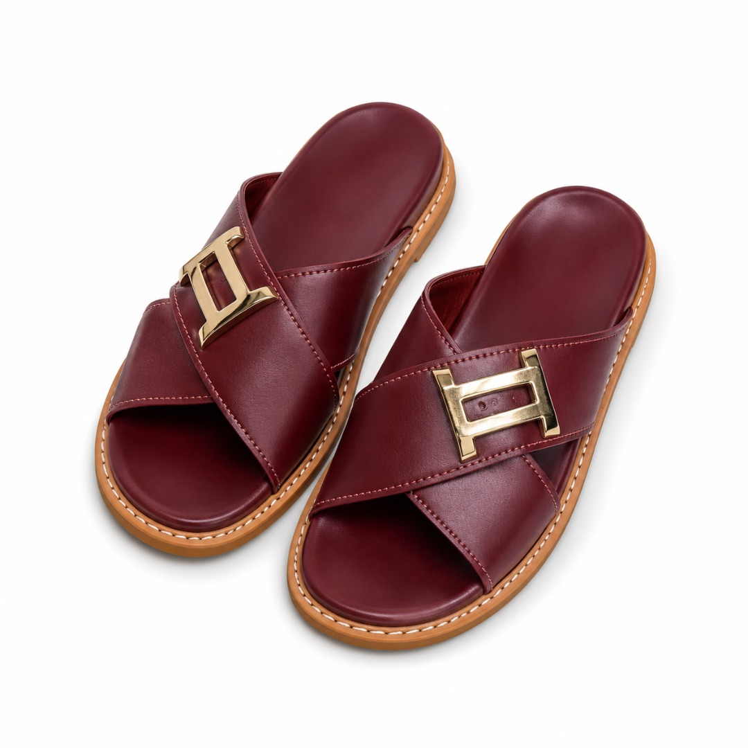 Mens Brown Leather Slippers with Buckle Design
